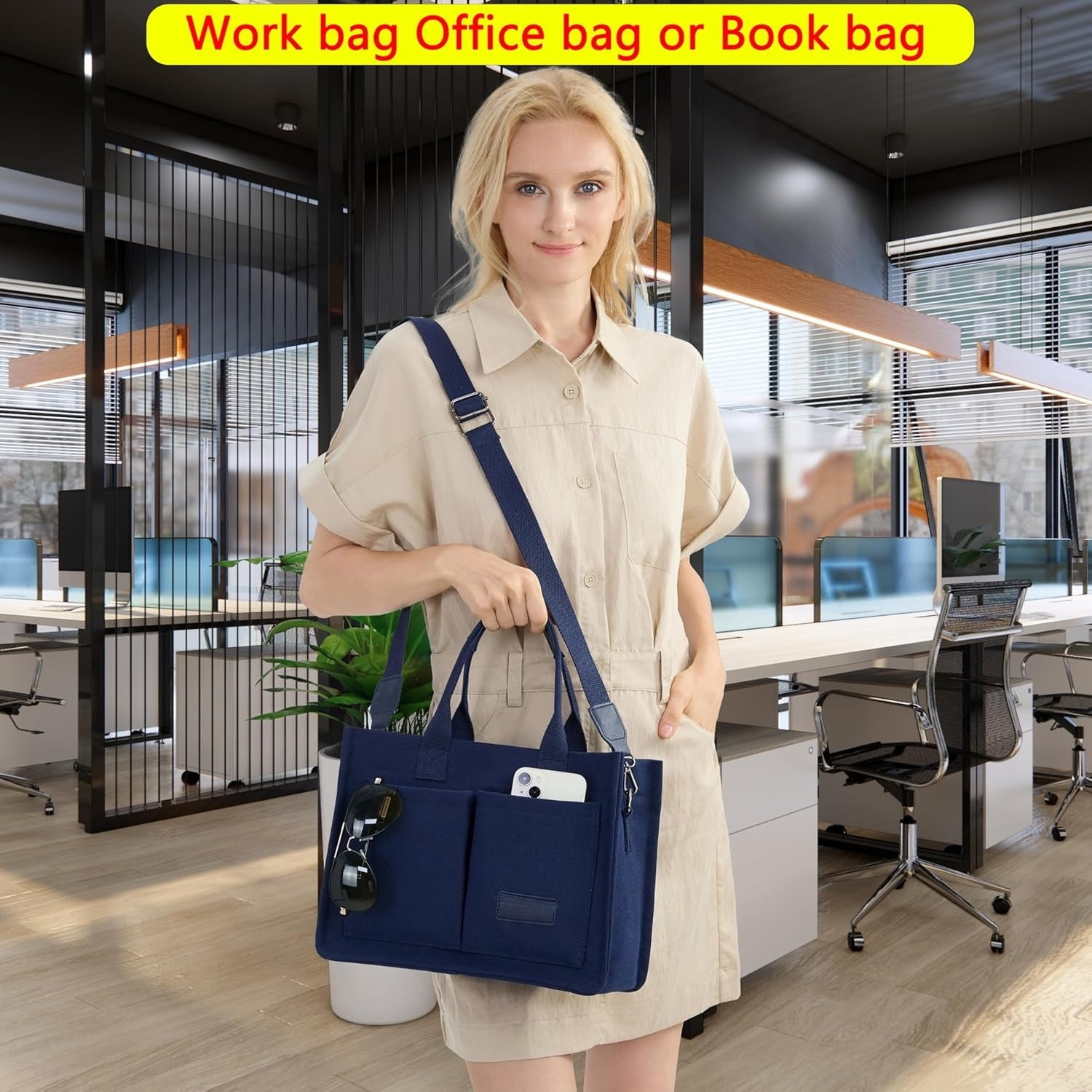 Tote Bag for Women With Compartments,Large Canvas Totes Women's Purse Crossbody Bags Work Laptop Book Bag Shoulder Handbags Blue
