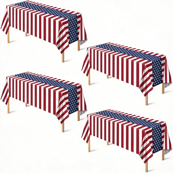 Patriotic American Flag Tablecloth 4 Pack, 54 x 108 Inch Disposable Plastic Table Covers, Red White and Blue Stars and Stripes Decorations for 4th of July, Memorial Day, and July Fourth Party