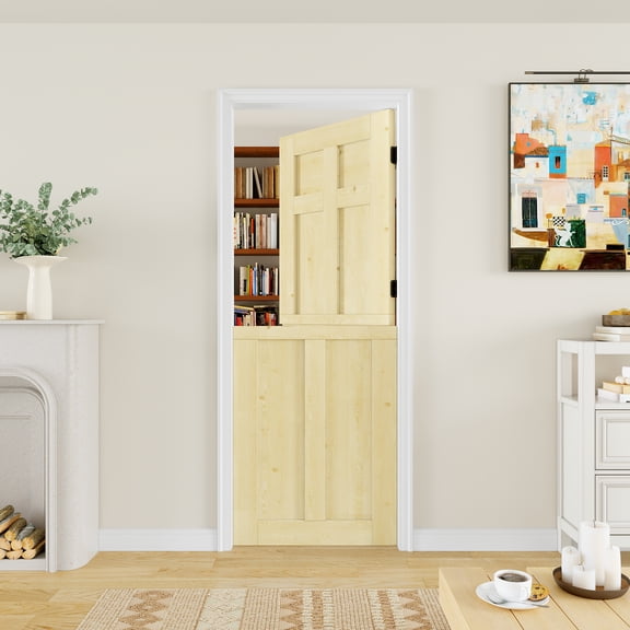30" x 80" Slab Only, 6-Panels Split Dutch Door Unfinished Solid Pine Wood Clear Glass Slab Doors Half Interior Door