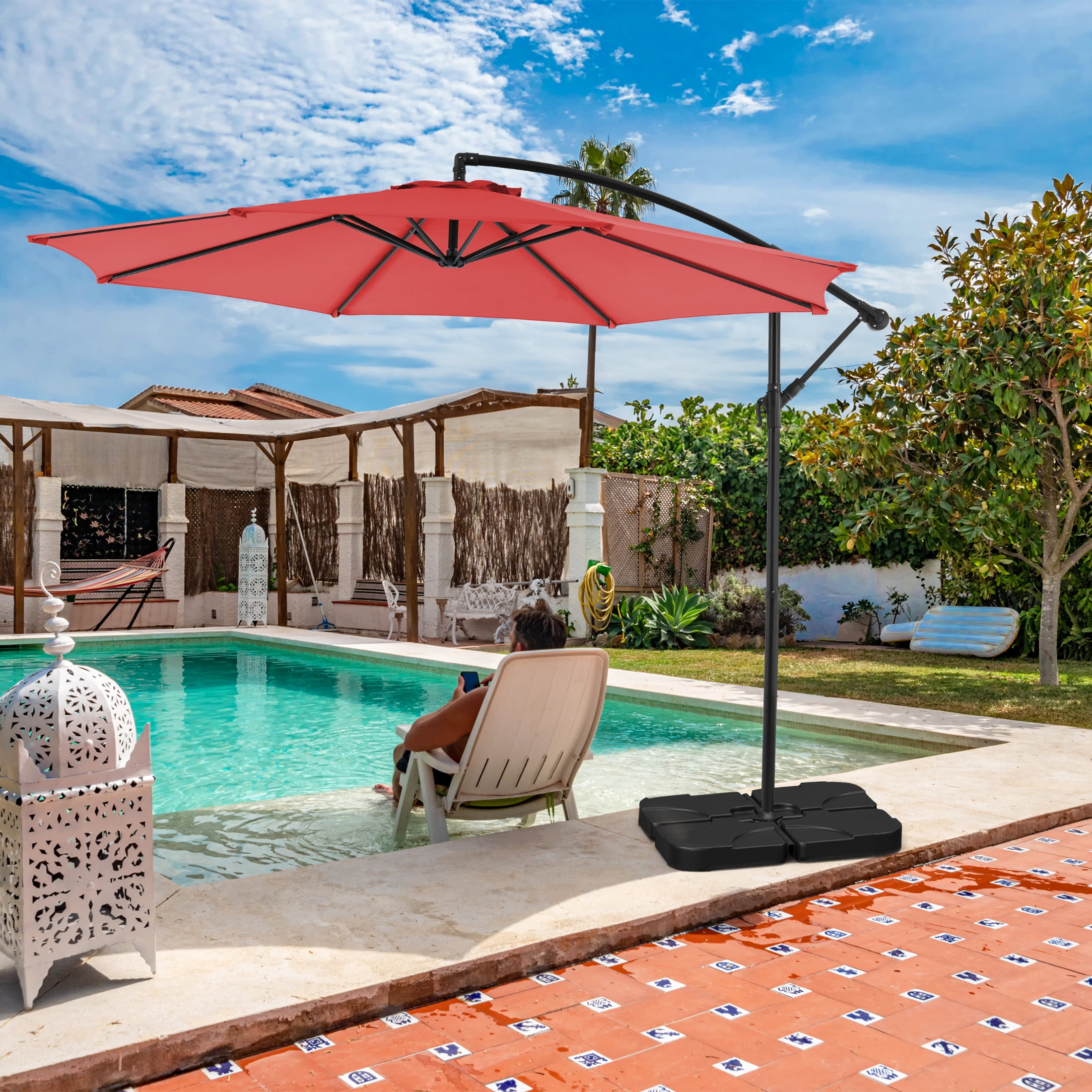 edx 10FT Offset Hanging Patio Umbrella Outdoor with Push Button Tilt & Self-Locking, Polyester Shade, 8 Sturdy Ribs, Red