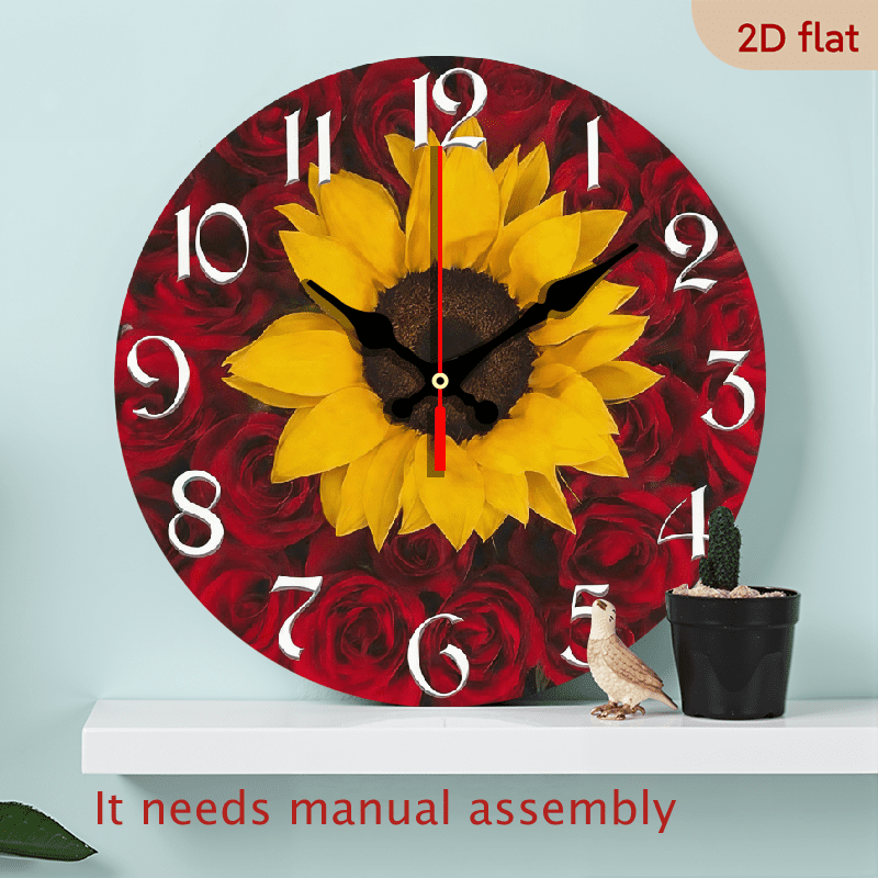 1pc 10Inch Round Wooden Wall Clock with Sunflower Roses Design - Silent Non-Ticking Japanese Quartz Movement, Battery Operated (AA Not Included) - Modern Home Decor for Living Room, Bedroom, O