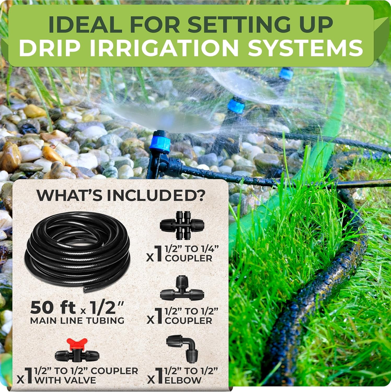 Carpathen 50 Ft 1/2 In Irrigation Tubing Mainline, Drip Irrigation Blank Distribution Hose for Push-To-Connect Garden Irrigation Systems, 4 Connectors Included