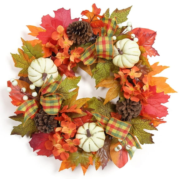 Tookss Thanksgiving Fall Wreath for Front Door, 20 Inch Autumn Wreath Decoration with Pumpkin, Maple Leaves and Pine Cone for Indoor Outdoor Wall Window Home Decor