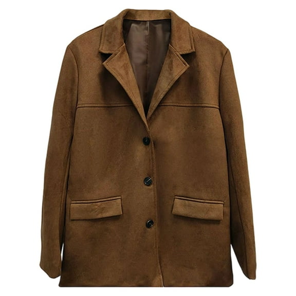 Women'S Faux Suede Blazer Jacket Notched Lapel Single Breasted Faux Suede Leather Suit Jacket Brown S