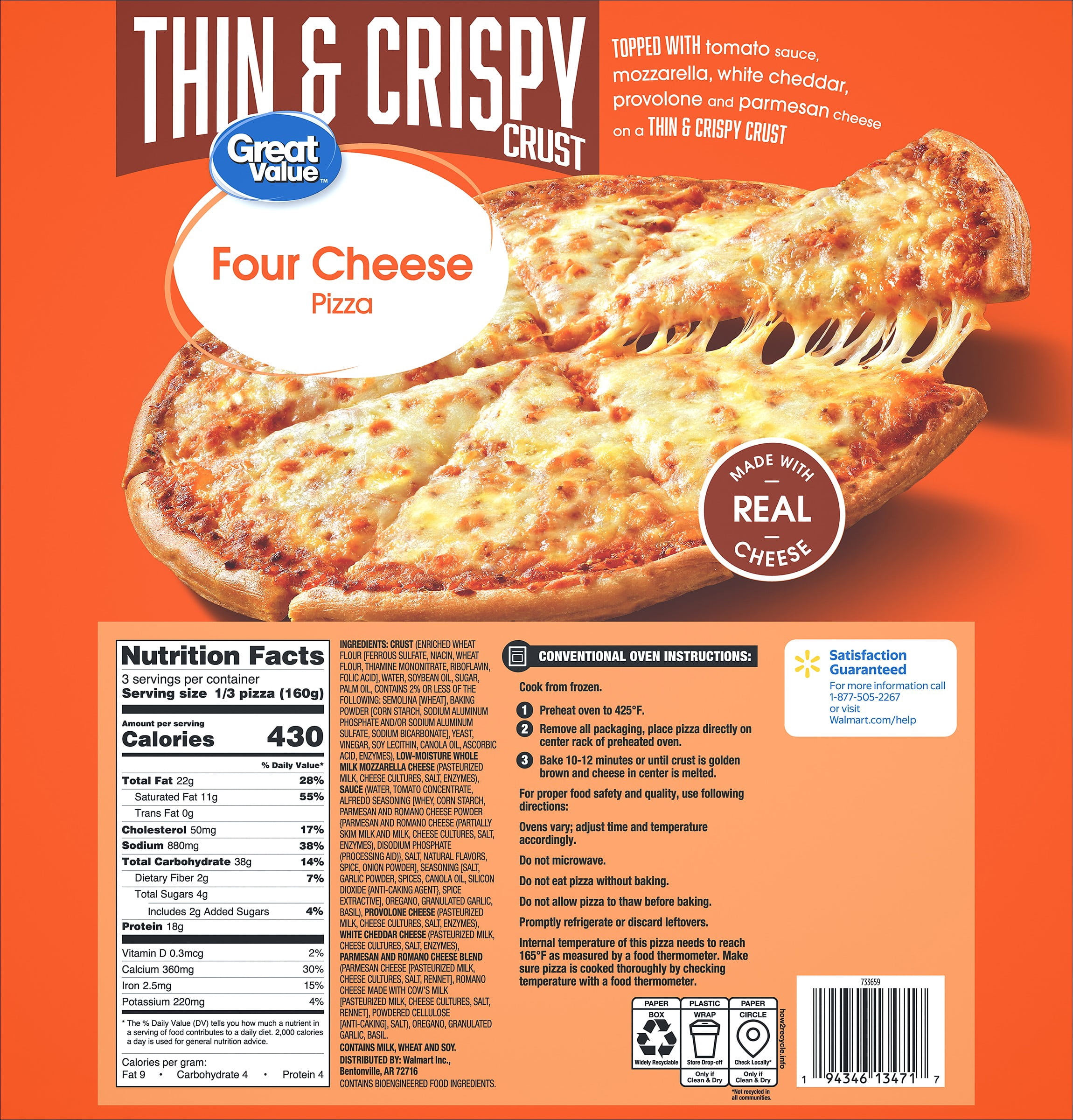Great Value Thin Crust Four Cheese Pizza, Tomato Basil Garlic Sauce, 16.9 oz (Frozen)