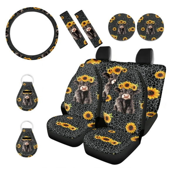 Renewold Highland Cow Sunflower Black Leopard Print Car Seat Cover Full Set Car Accessories 11 PCS, with Comfy Steering Wheel Covers Seat Belt Cover Car Coasters Keychain Universal Fit Most Vehicles