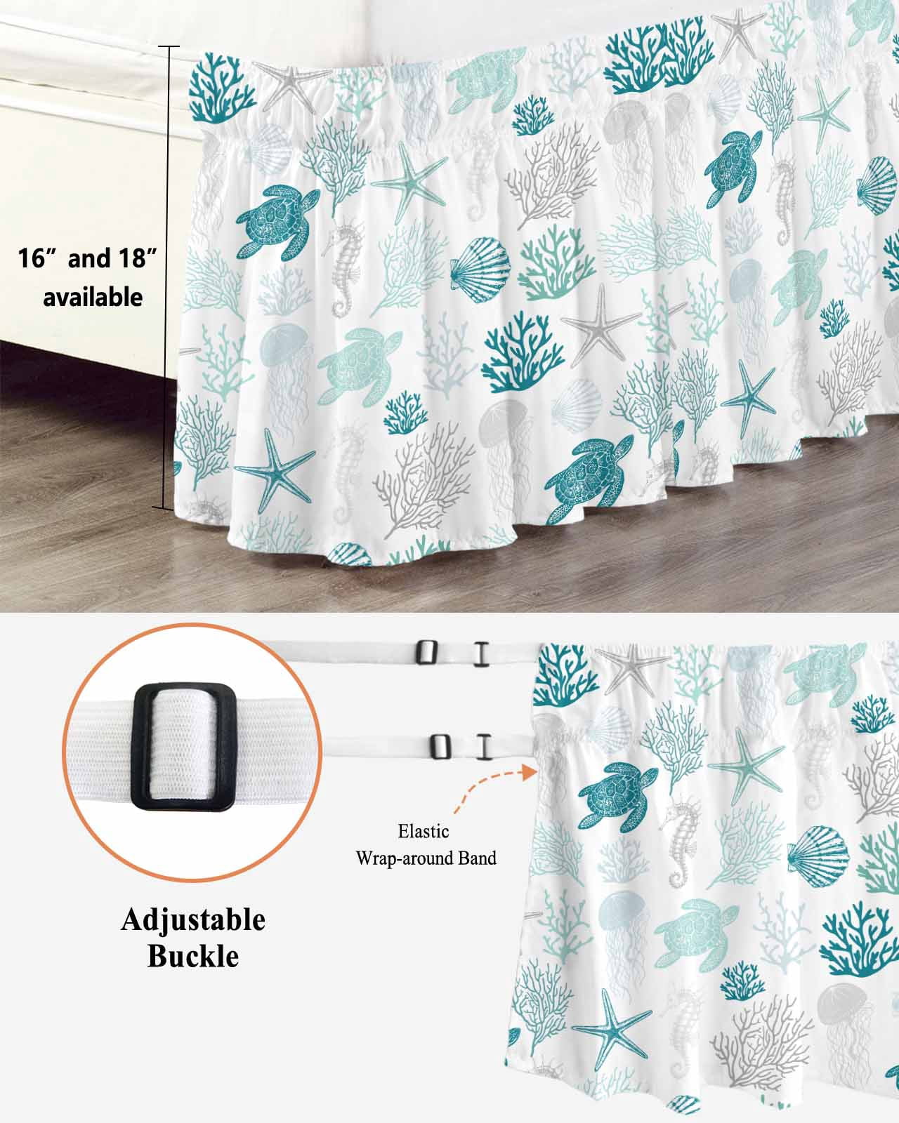 Turquoise Coastal Bed Skirt Queen Size,Nautical Summer Beach Coral Sea Turtle Wrap Around Bed Skirting with Adjustable Elastic Strap,Dust Ruffle Pleated Bedskirts 16 Inch Drop for Bedroom Queen Beds
