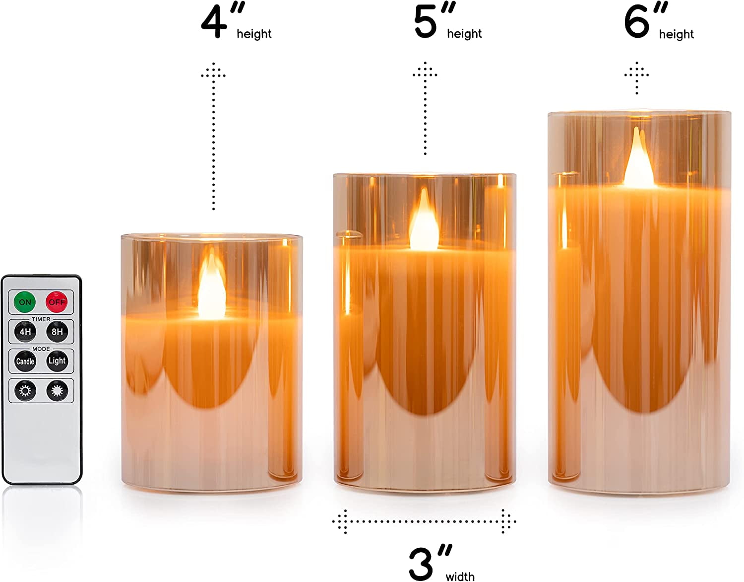 WYZworks LED Metallic Mirrored Tinted Gold Glass Flickering Dimmable Flameless Candles - Set of 3 with Remote Control