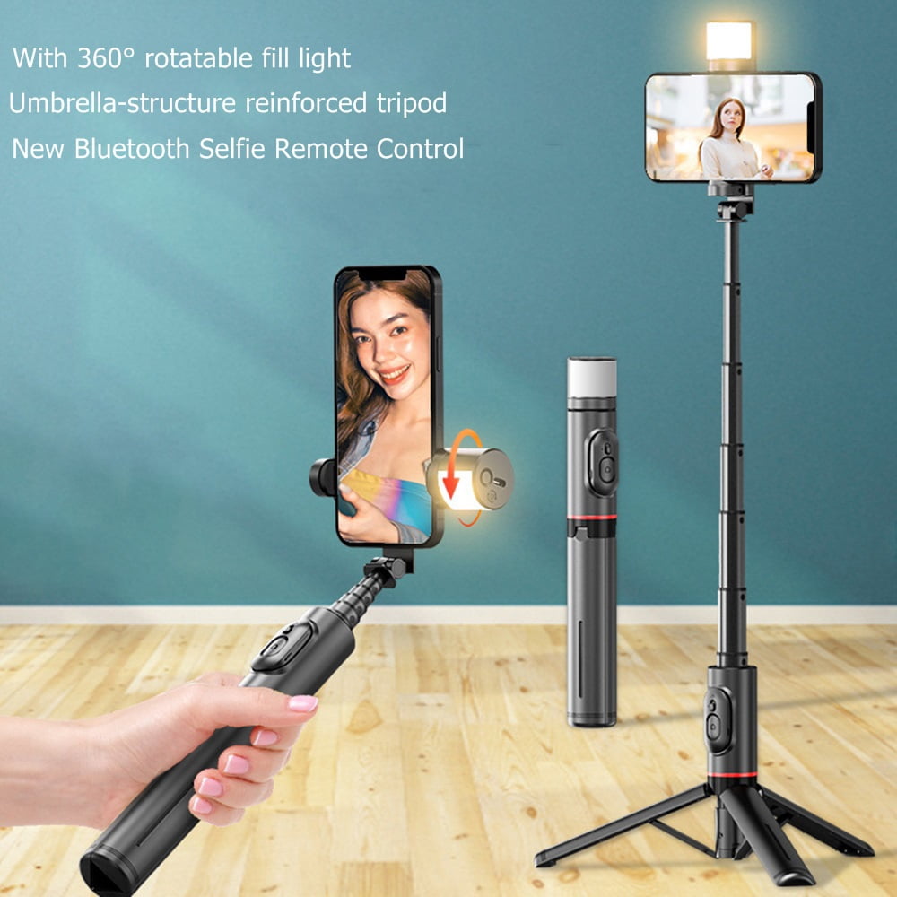 Selfie Stick Tripod with Remote Fill Light  All-in-1 Tripod for iPhone and Android Lightweight and Portable for Daily Use White