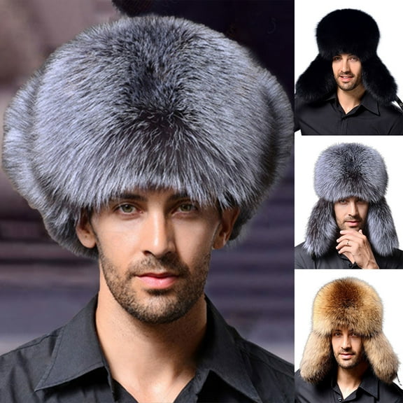 Dress Choice Men Trapper Hat Winter Bomber Hats with Ear Flaps Plush Windproof Faux Leather Cap with Fleece Lined for Cycling Skiing Outing Hunting