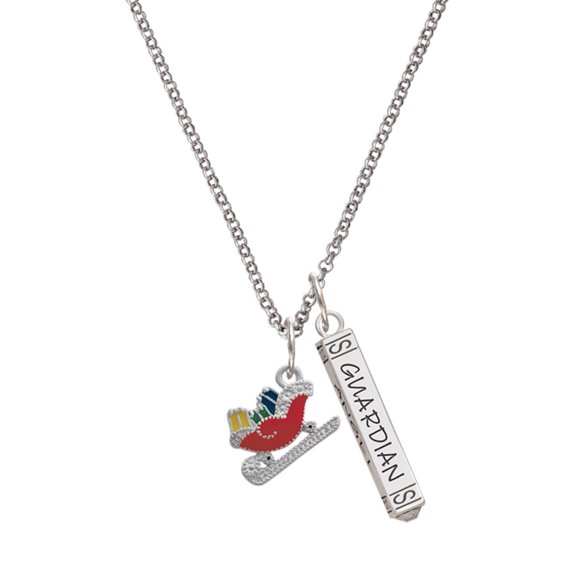 Delight Jewelry Silvertone Red Christmas Sleigh Silvertone Guardian Angel Bar Charm Necklace, 23"