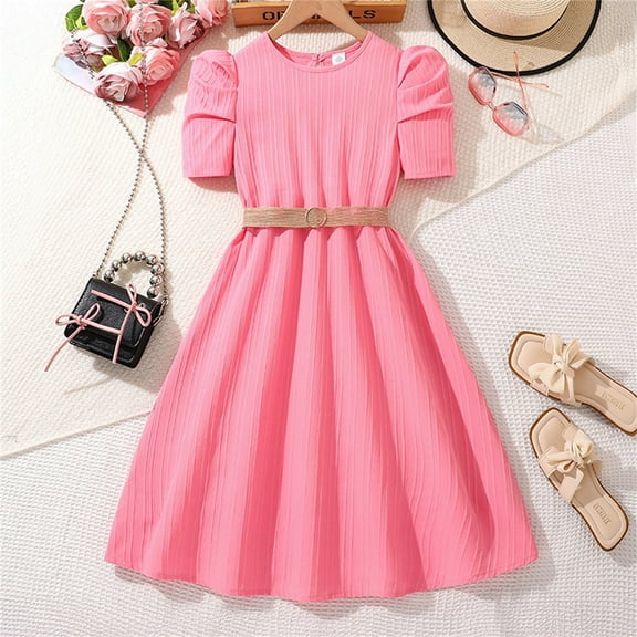 Mevxay Puff Sleeve Dress for Girls 2025 Summer Crewneck Button Back A-Line Stripes Maxi Dresses 7-15 Years Pink
