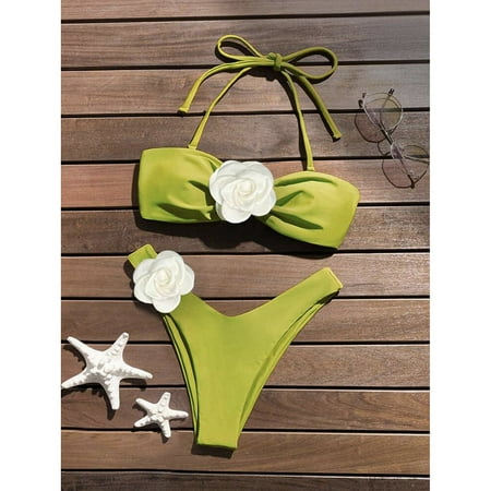 Sexy 3D Floral Bikini 2024 Bandeau Swimsuit Woman Female Swimwear Women Thong Bikinis Sets Halter Top Beach Wear Bathing Suits