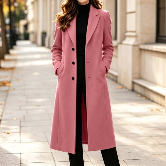 LEKWK Long Winter Coats for Women Button Down Notched Lapel Overcoat formal Dressy Business Casual Trench Jacket Warm Outwear Pink XL