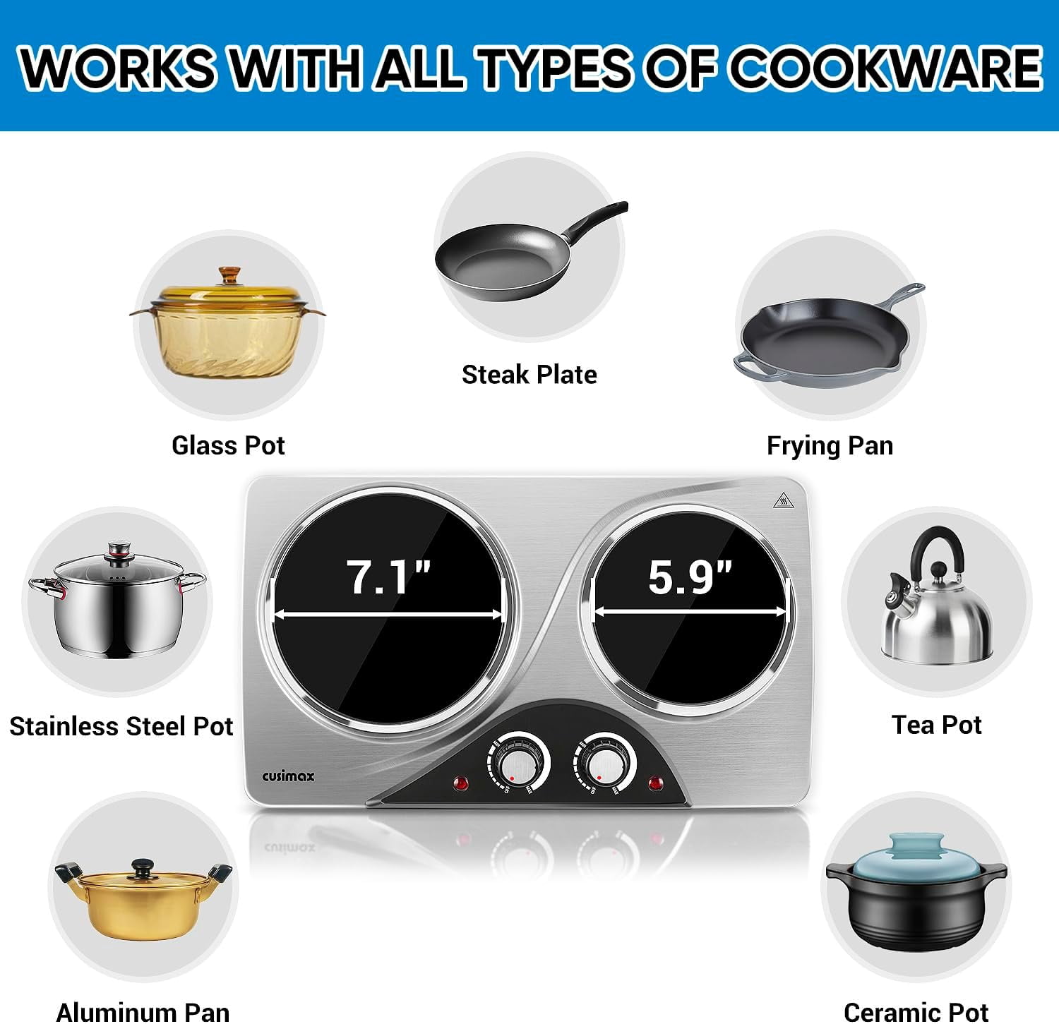 Electric Double Hot Plate, Portable Ceramic Cooktop with Dual Control, 1800W High Power for All Cookware, Silver