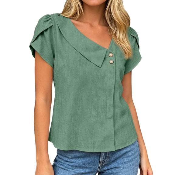 WEIWEN Cotton Linen Blouses for Women Summer Loose Fit Short Sleeve Tops Asymmetric Button Down V Neck Tees Dressy Casual T Shirts Green, S