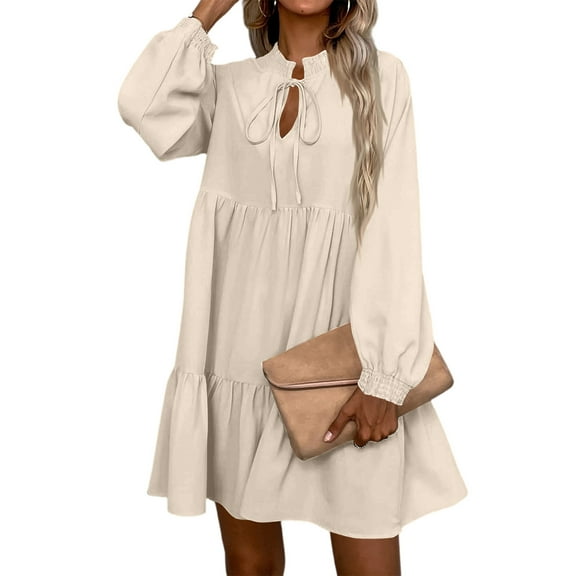 WTOBBY Women's Fall Long Sleeve Maxi Dress V-Neck Hollow Out Eyelet A-Line Casual Party Dresses with Layered Hem Detail for Autumn Season,Beige XL