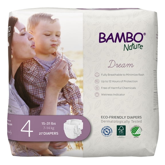 Bambo Nature Diapers, Disposable Baby Diapers, Skin-Friendly, Size 4, 15-31 lbs, 27 Count, 1 Pack