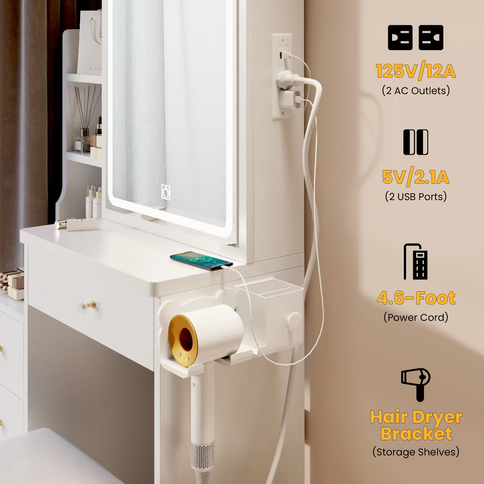 Aukfa Makeup Vanity Set Dressing Vanity Table with Lights Mirror & Power Outlet for Girls - White