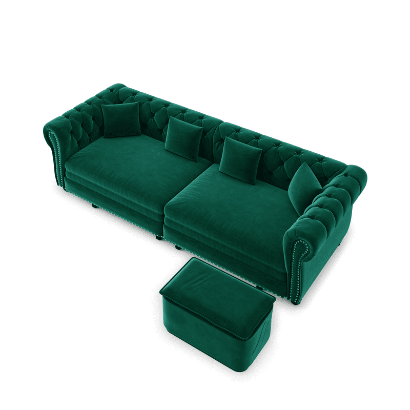 3-in-1 Pull-Out Sofa Bed, 89'' Chesterfield Sofa, Convertible Sleeper Sofa Bed, King Size Sofa Bed, Chaise Lounge, Tufted Design Velvet 3-Seater Sofa with Movable Ottoman
