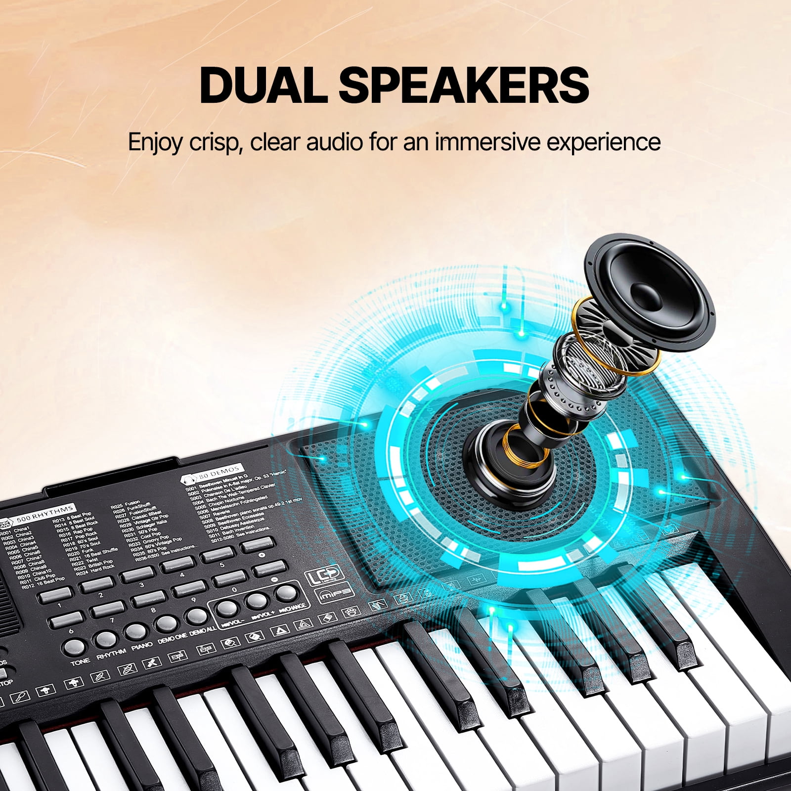 KFFKFF 61-Key Digital Keyboard Piano with 200 Tones and Rhythms, Portable Electric Piano Kit Featuring 60 Demo Songs, Built-In Speakers, Headphones, and Stickers for Beginner Practice