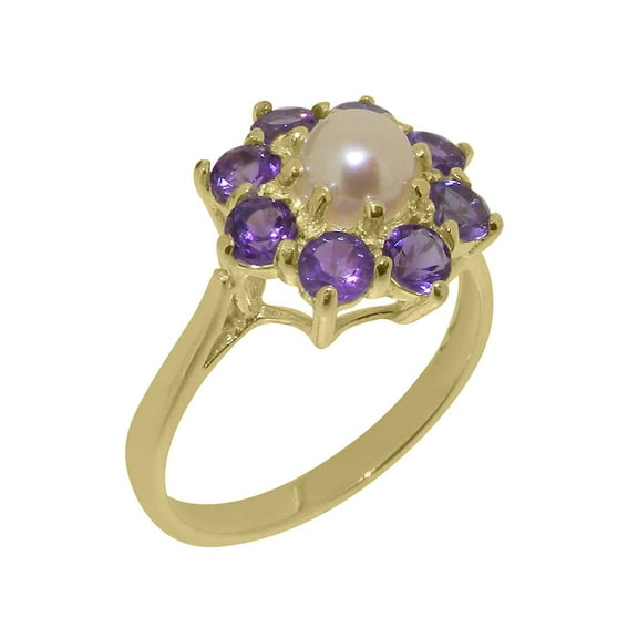 LBG British Made 10k Yellow Gold Cultured Pearl & Amethyst Womens Statement Ring - 33 size options - Size 10