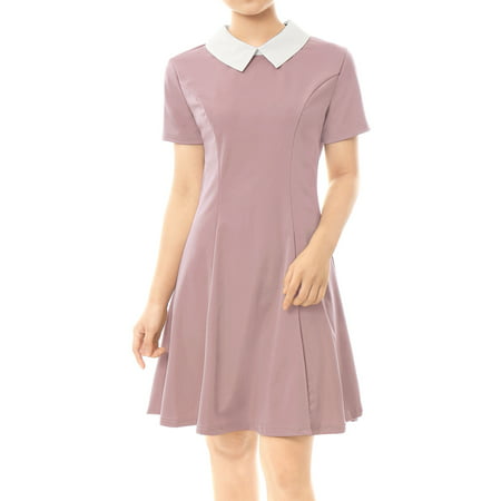 Women Peter Pan Collar Above Knee Fit and Flare Dress Skirt Pink XL (US 18)