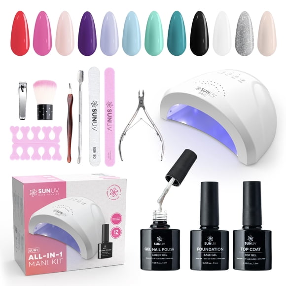 SUNUV Ensemble de Vernis Gel pour Ongles avec Lumière UV, Ensemble de Vernis Gel pour Ongles Base et Couche de Finition Brillante 12 Couleurs Outils de Manucure Cadeau pour Femme