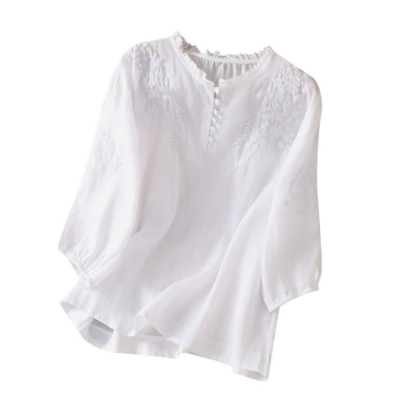 Womens Summer Cotton and Linen Tops 2024 Plus Size Fashion Long Sleeve Spring V-neck Tops Loose Blouse Casual Work Tunic Tops