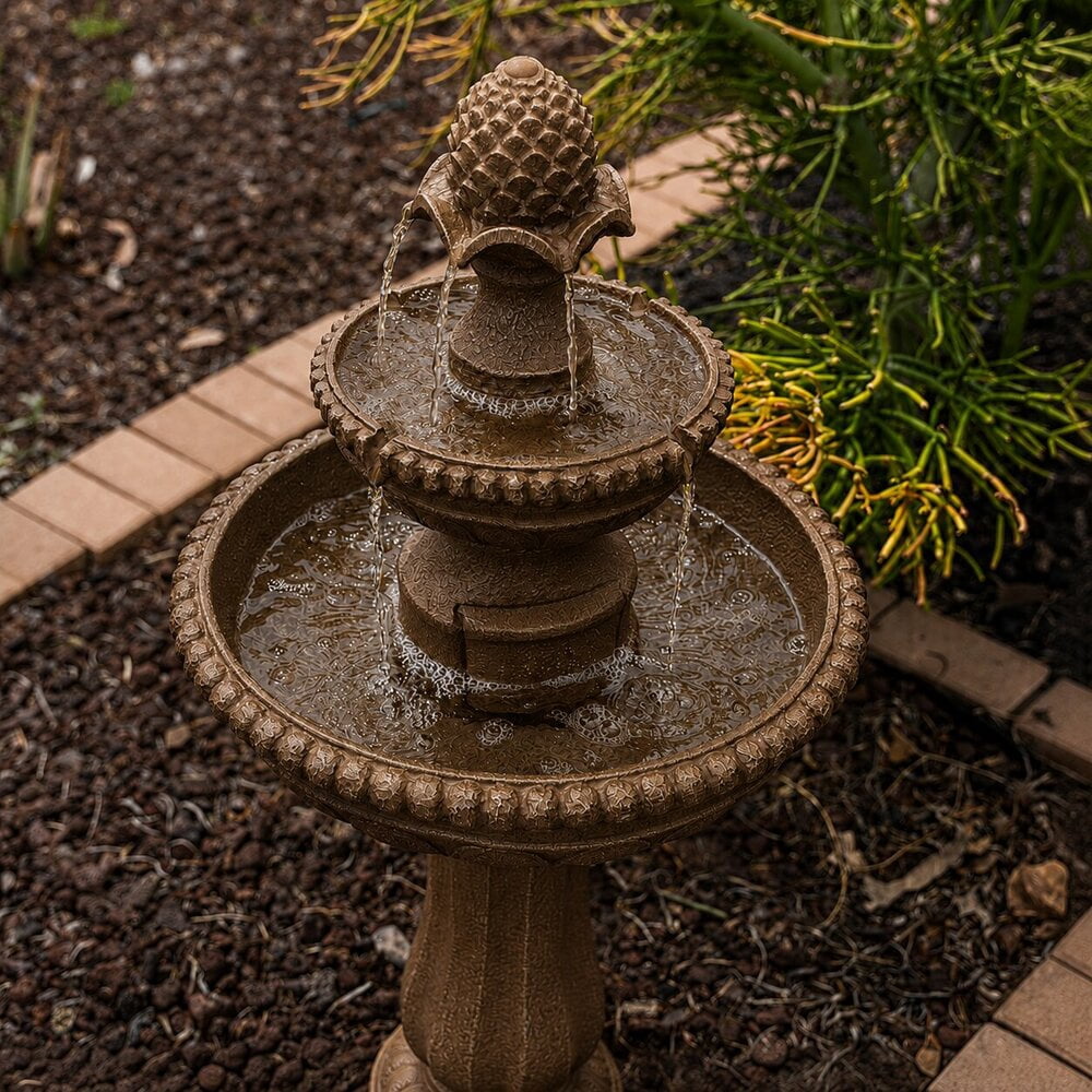 XBrand 39" 2-Tier Outdoor Freestanding Solar Water Fountain - Classic Design, Sand Stone Resin Bird Bath with Pump