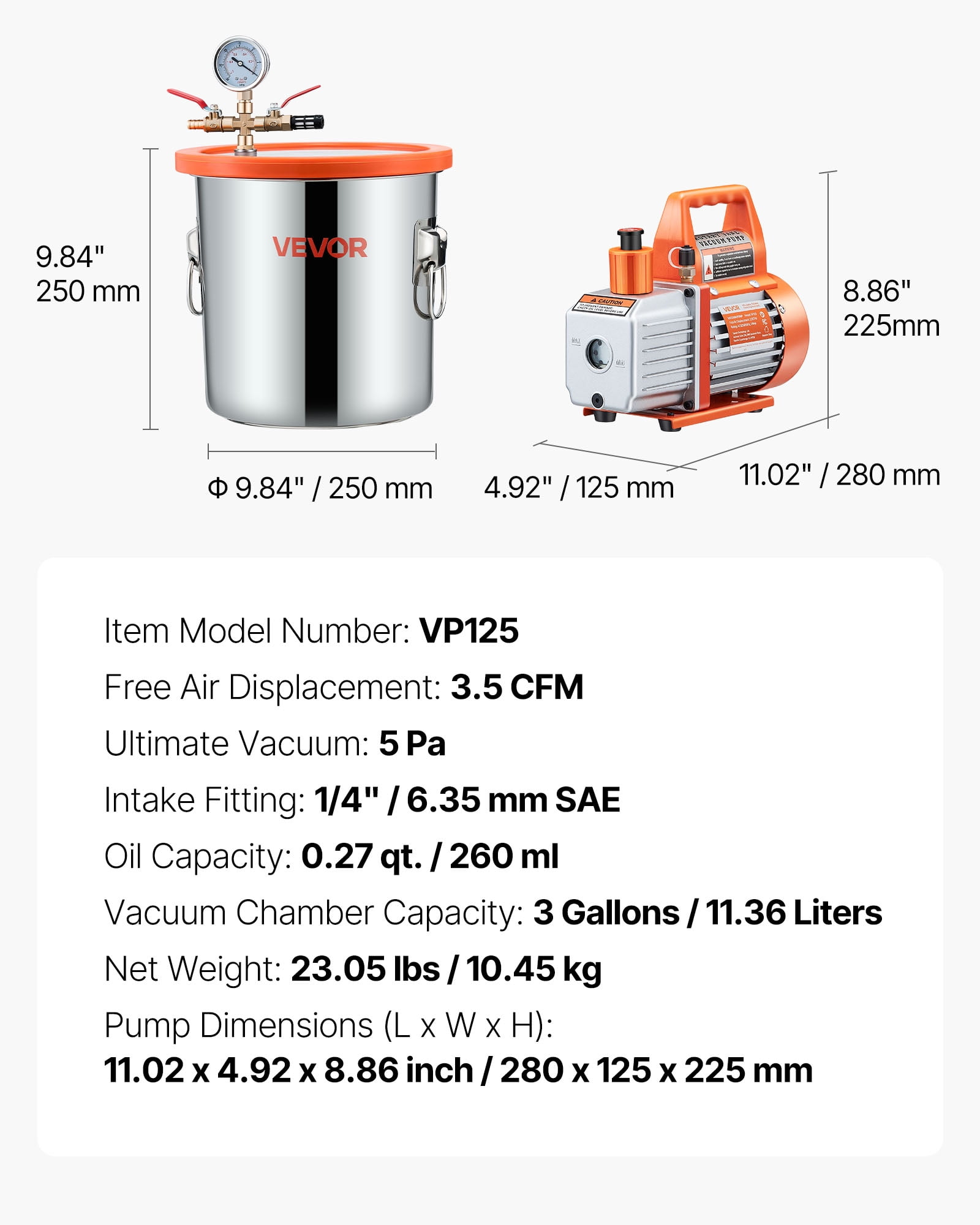 VEVOR 3 Gal Vacuum Chamber with Pump, 3.5 CFM, Stainless Steel Degassing Chamber Kit, Single Stage Vacuum Pump, Tempered Glass Lid, 4.92 ft Hose, Oil, for Stabilizing Wood Degassing Silicone Resin