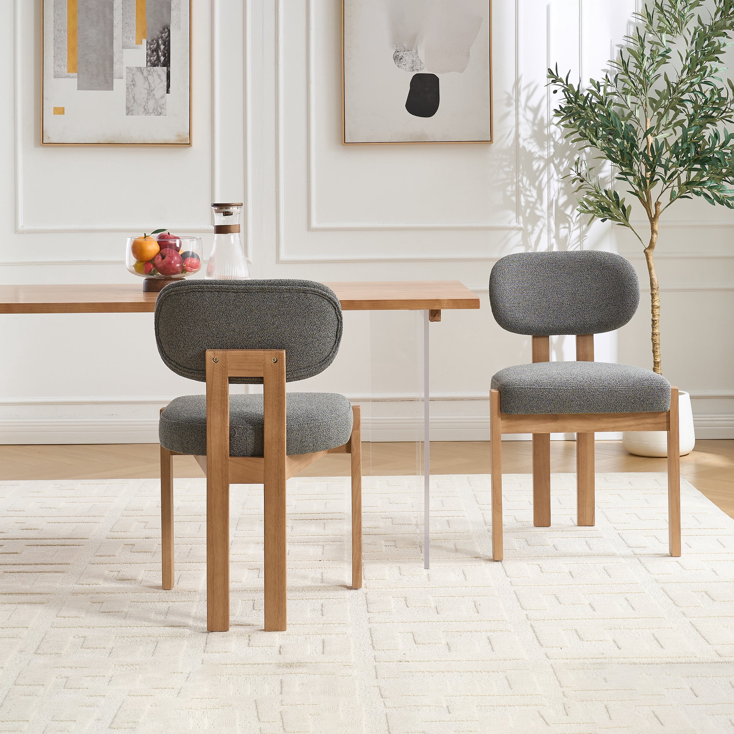 PORKISS Upholstered Dining Chairs Set of 2, Mid-Century Kitchen Chairs with Solid Wood Legs and Cushioned Wingback for Kitchen, Grey