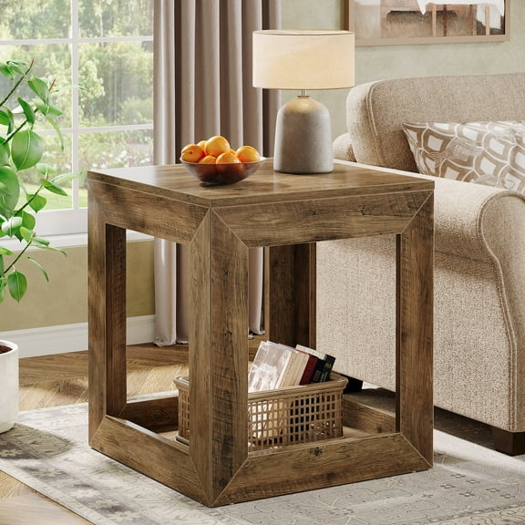 Finmind End Table, 19.7" Large Square Tall Nightstand with 2-Tier Storage Shelf for Living Room, Rustic Brown