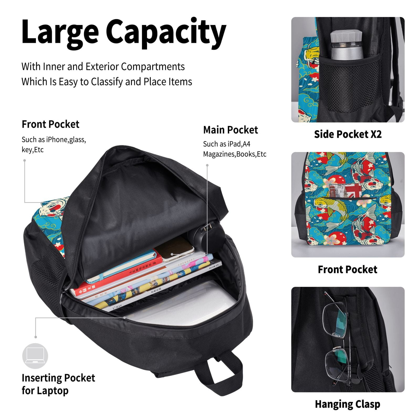 Naloa Japanese Koi Print Large Capacity Backpack Lunch Bag Pencil Case Combination 3 Piece Set for Student