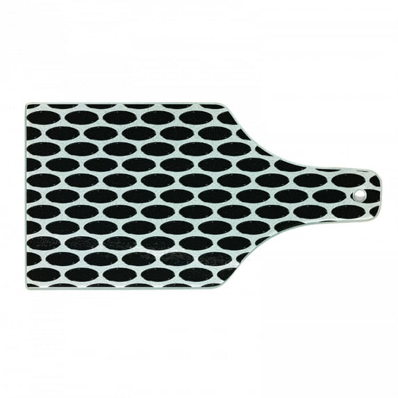 Dots Cutting Board, Brush Stroke Paint Hipster Theme Dots as Grungy Round Shapes Background Theme, Tempered Glass Cutting and Serving Board, Wine Bottle Shape, Black and White, by Ambesonne