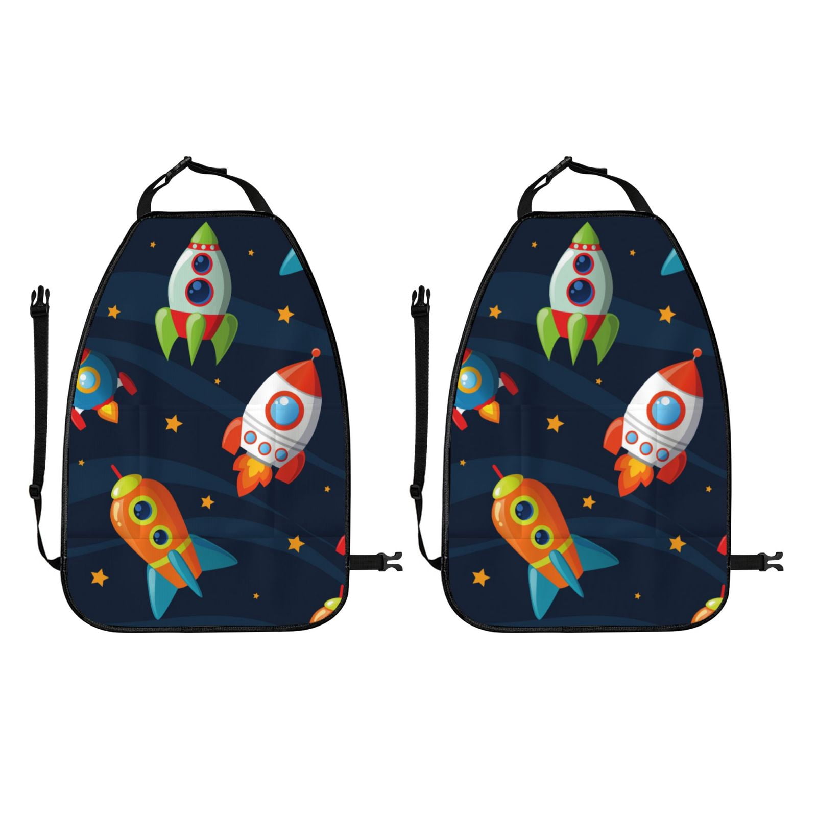 Kdxio Spaceships and Stars Print 2 Pack Car Kick Mat Seat Cover Back Protector Mat with Pockets for Organizer Backseat Protector and Storage Anti Kick Pad for Vehicles