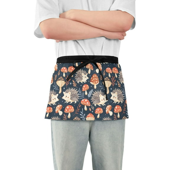 Cute Hedgehog and Mushroom Server Apron with 3 Pockets Waterproof Waitress Waist Short Apron for Man Woman 12 Inches