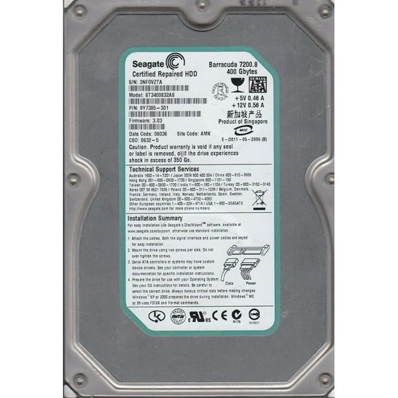 ST3400832AS, 3NF, AMK, PN 9Y7385-301, FW 3.03, Seagate 400GB SATA 3.5 Hard Drive