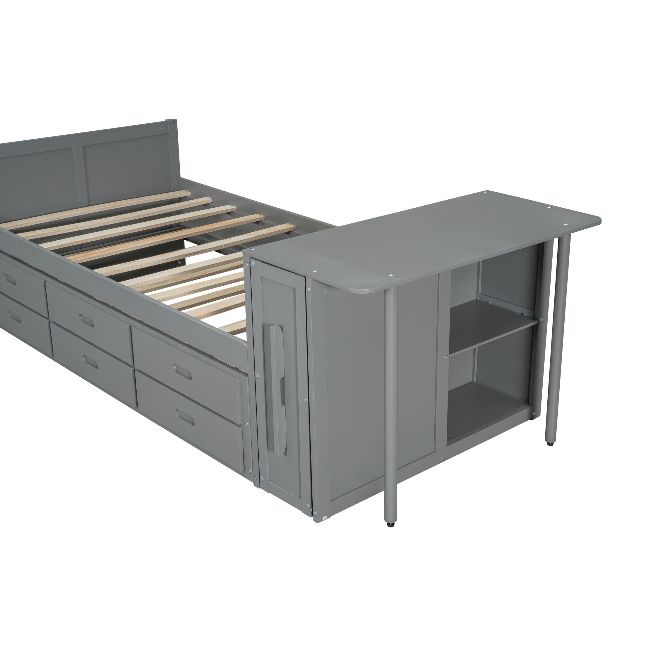 Noble House Twin Size Multifunctional Platform Bed with Trundle, 3 Drawers, Desk and Storage Shelf, Gray