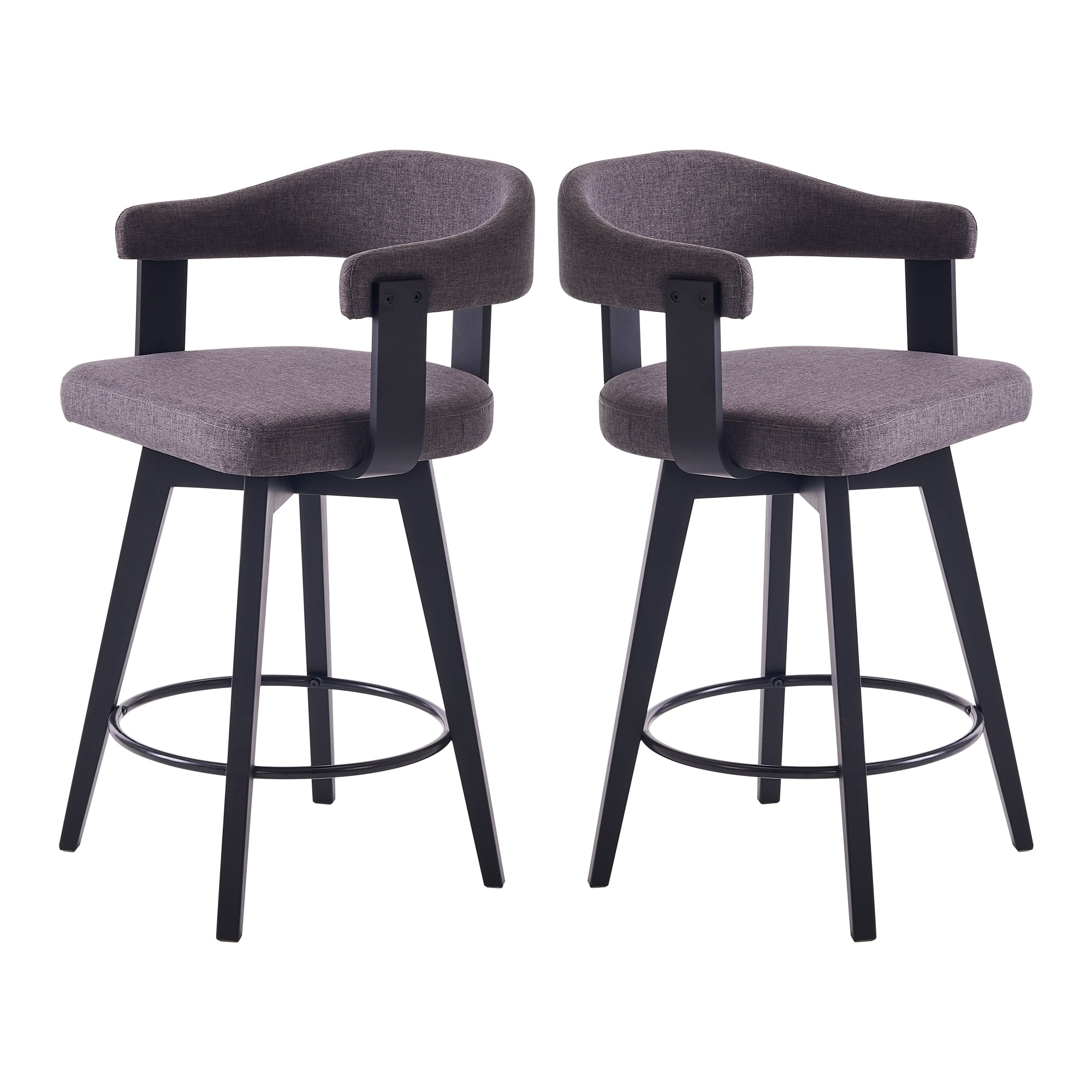 EYYTHUNG Swivel Bar Stools Set of 2, 26" Counter Height Bar Chairs with Curved Back and Armrest Modern Linen Upholstered Wood Barstools, Black/Dark Grey Linen
