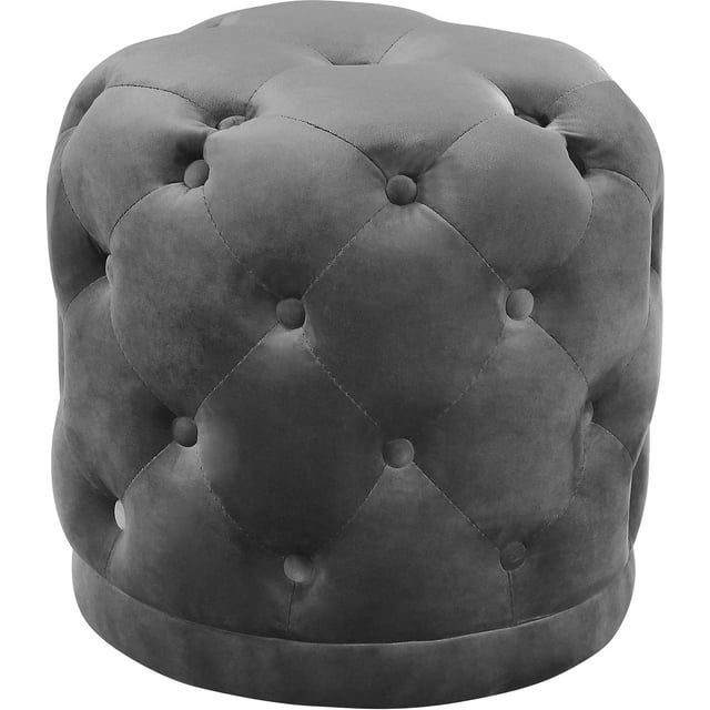 Meridian Furniture Harper Collection Modern | Contemporary Velvet Upholstered Ottoman / Stool with Deep Button Tufting, Solid Wood Frame, Grey, 18" W x 18" D x 17" H