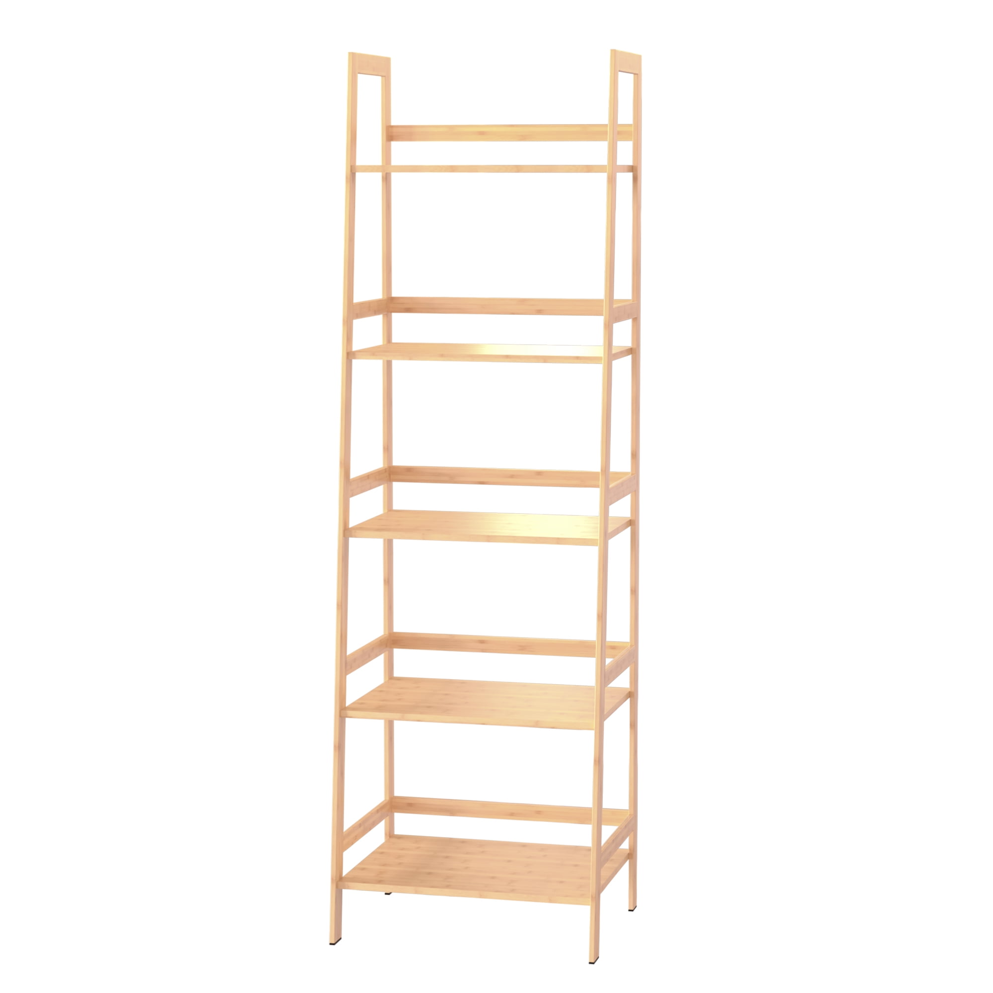 Kadyn 5-shelf Ladder Bookcase, Plant Flower Stand, Freestanding Bamboo Frame Storage Rack Shelf, Wood Color