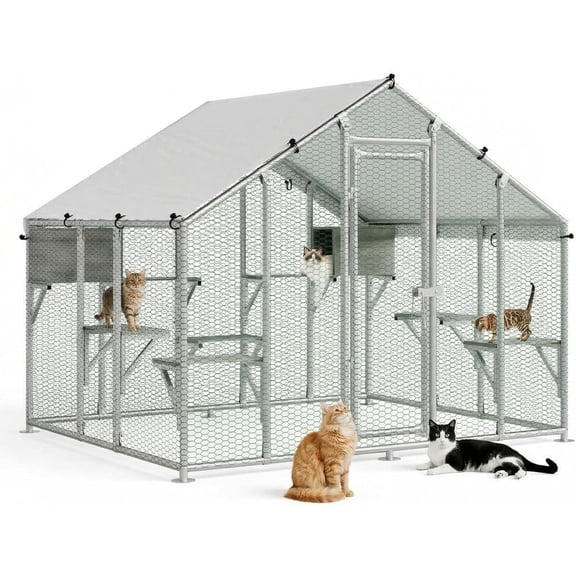 QinaQin Large Catio Outdoor Cat Enclosure for Multiple Cats, Outdoor Large Cat House with Waterproof Cover, 2 Resting Boxes and 7 Platforms, Extra Large Walk-in Cat Patio for Patio, Yard,Gray