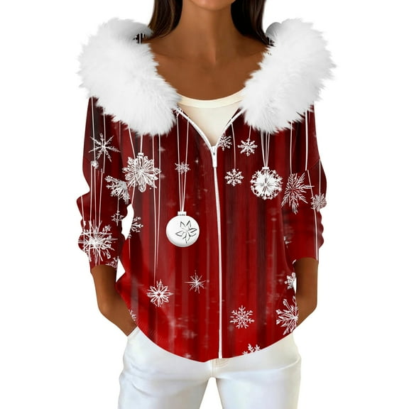 Women's Fashion Casual Sweater with Zipper Print, Plush Hooded Cardigan Jacket for Christmas Season and Cozy Wear,Wine,M