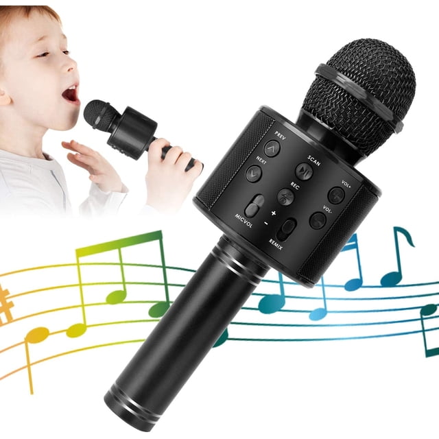Micrófono inalámbrico Bluetooth Karaoke para niños (negro), grabador de altavoz portátil 5 en 1, radio FM de mezcla ajustable, adecuado para niños adultos fiesta de cumpleaños KTV Navidad JM