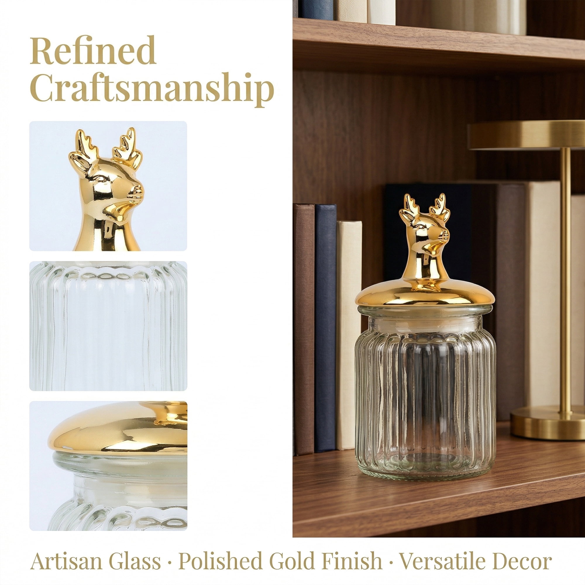 Unique Bargains Decorative Glass Jar With Gold Animal Lid Golden Deer 3" x 3" x 5.5"