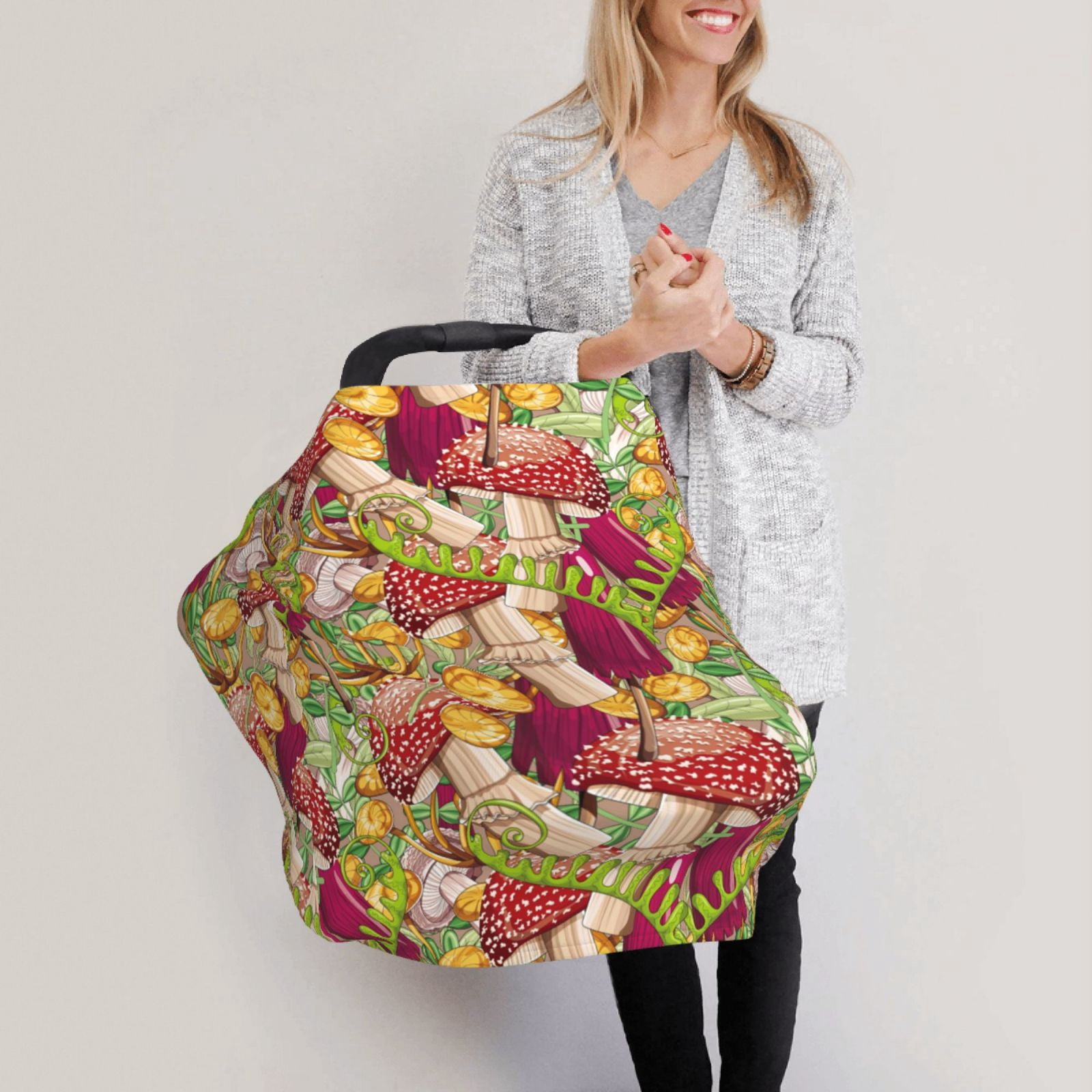 Fotbe Colored Large Mushrooms and Leaves Pattern Car Seat Covers for Babies, Nursing Breastfeeding Cover Infant Carseat Canopy, Soft Stretchy Carrier Cover