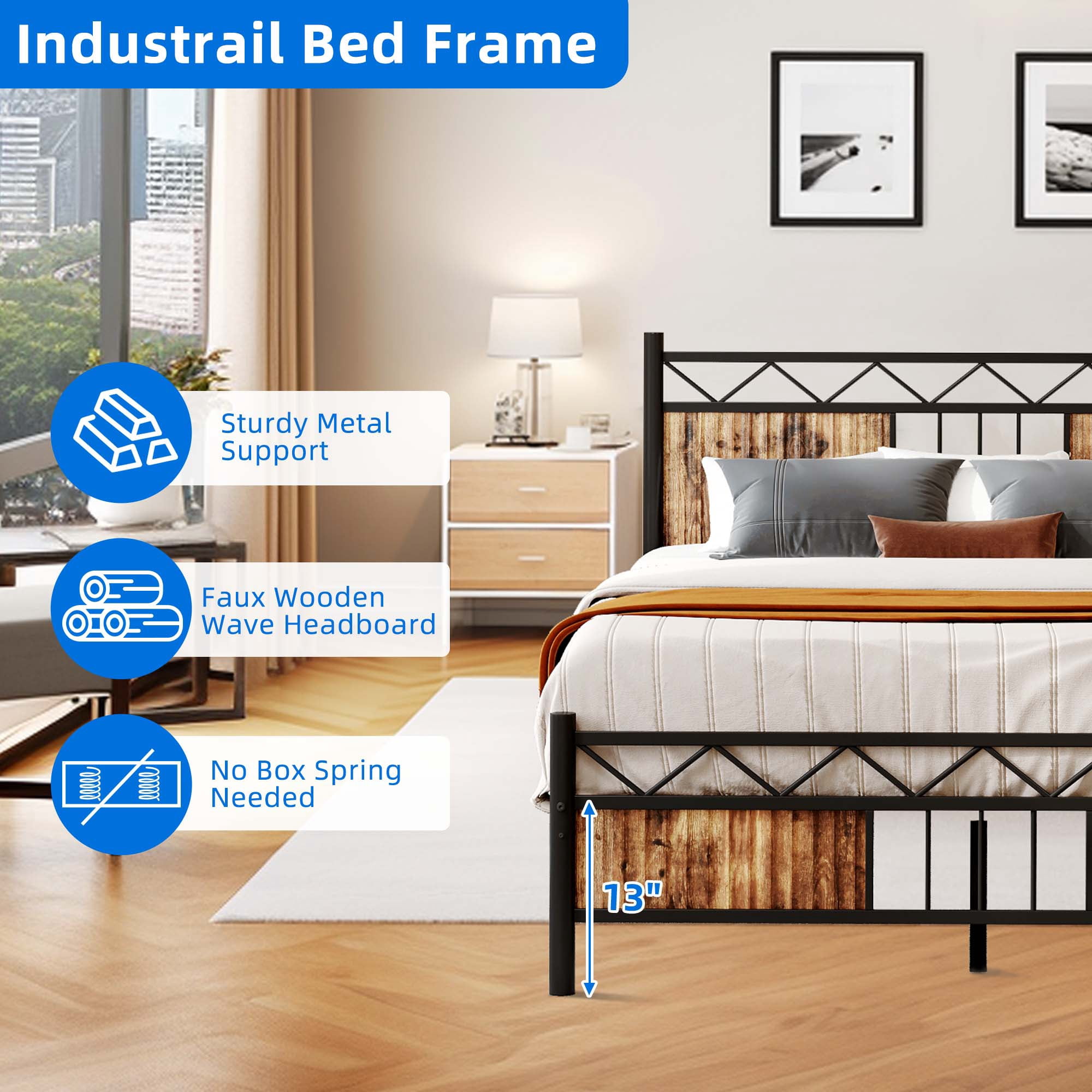 DEXTRUS King Size Platform Metal Bed Frame with Headboard & Soundproof Cotton, Black & Brown