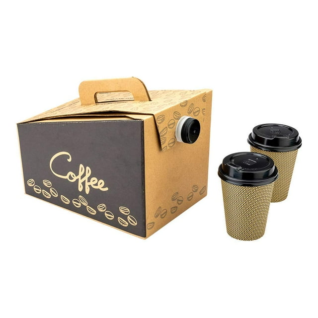 Restaurantware Cater Tek 12 x 7.5 x 8.5 Inch 96 Ounce Disposable Coffee Dispensers 10 Insulated Coffee Take Out Containers - Built-In Handle Portable Design Kraft With Black Paper Coffee To Go Boxes