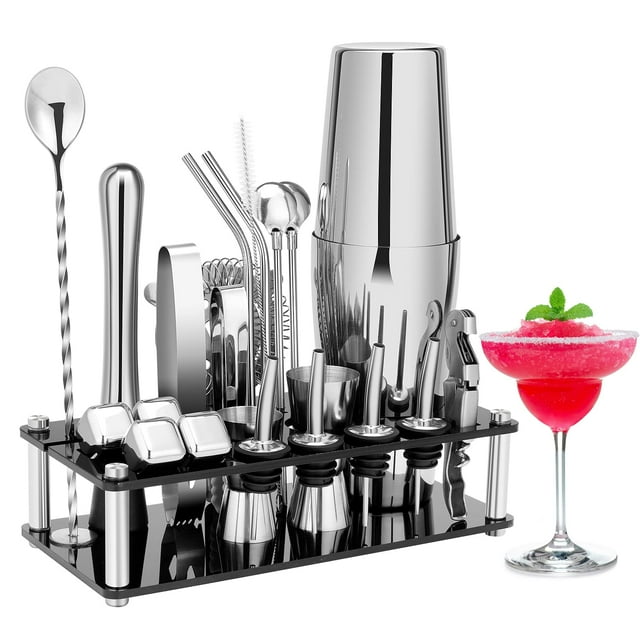 Ensemble de Shaker à Cocktail, Kit de Barman en Acier Inoxydable Boston de 23 Pcs avec Support Acrylique et Livret de Recettes de Cocktail, Outils de Bar Professionnels pour Mélanger les Boissons, Maison, Bar